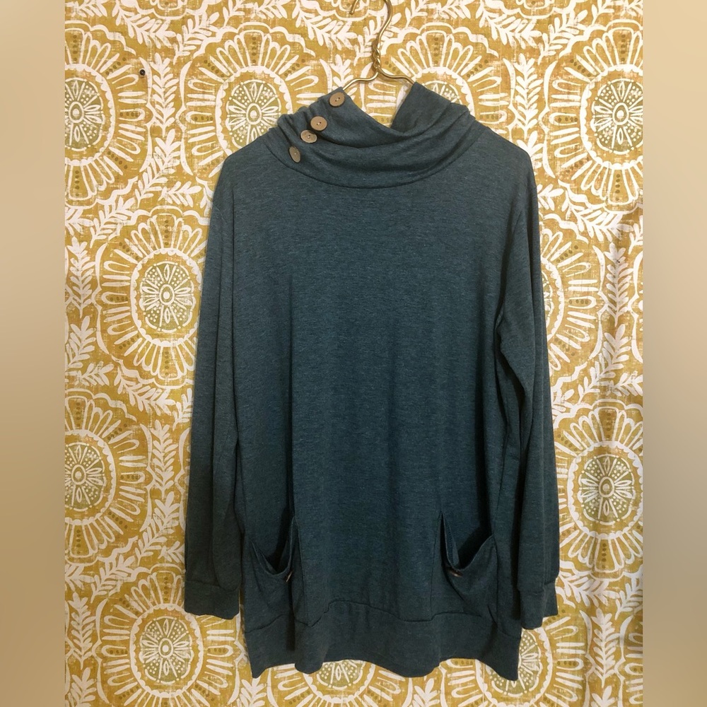 Green Cowl Neck with Brown Buttons  XL